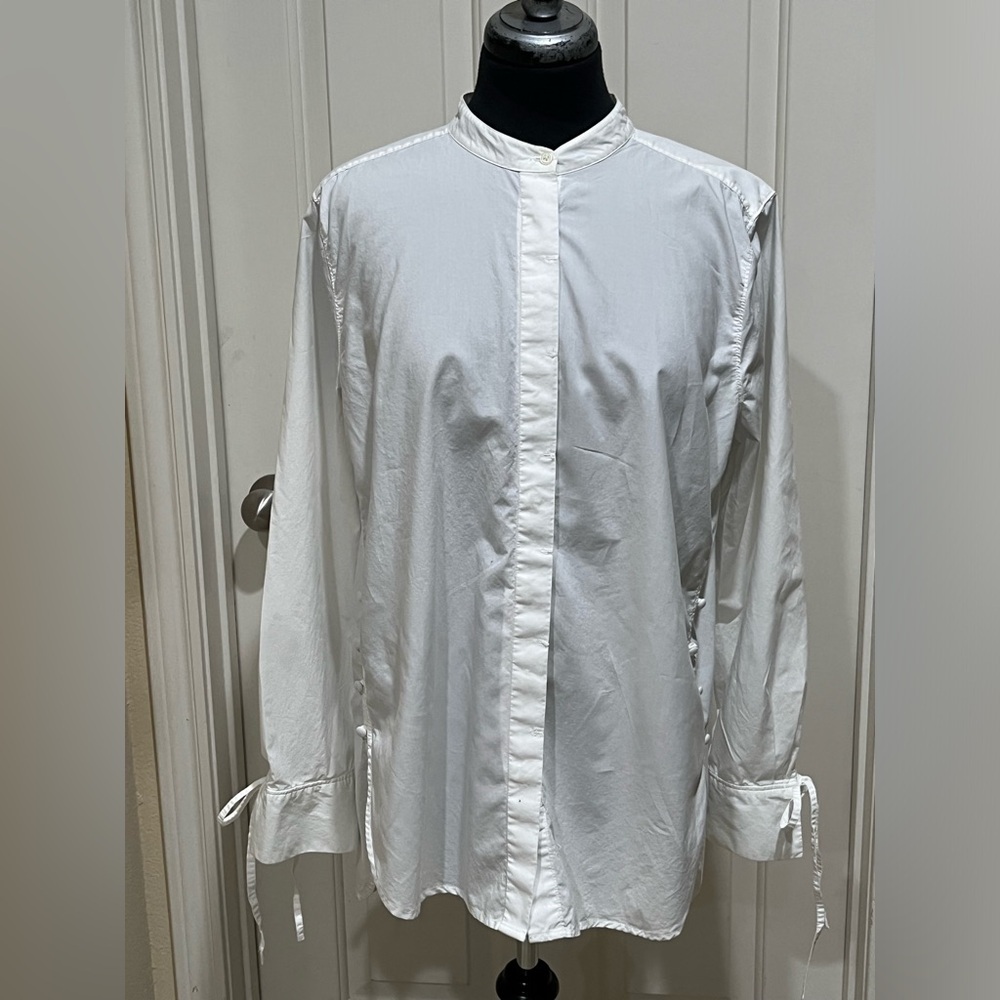 LOFT Neutral Cream TUNIC SHIRT with  SIDE BUTTON ACCENT, TIE CUFF SLEEVES SIZE L